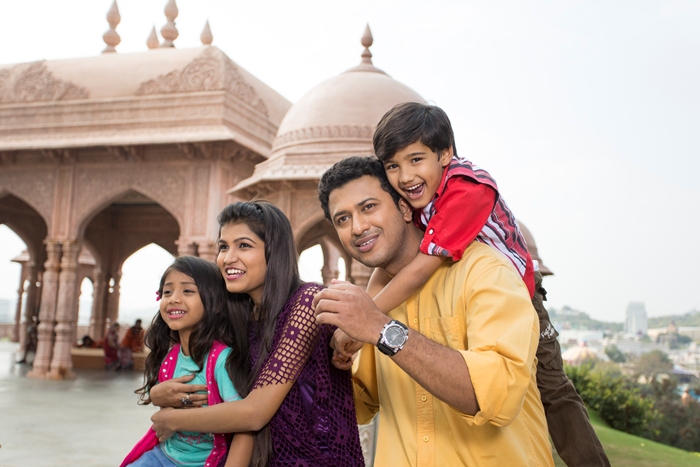 Heritage-style Hawa Mahal set during a family studio tour at Ramoji Film City